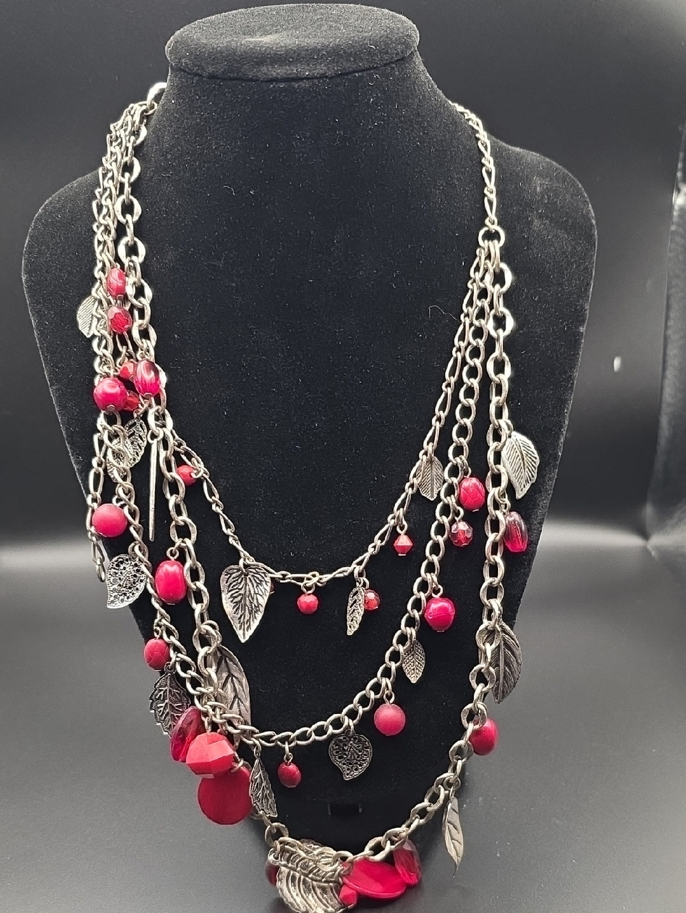 Silver-Tone Multi-Strand Necklace with Red Beads and Leaf Charms